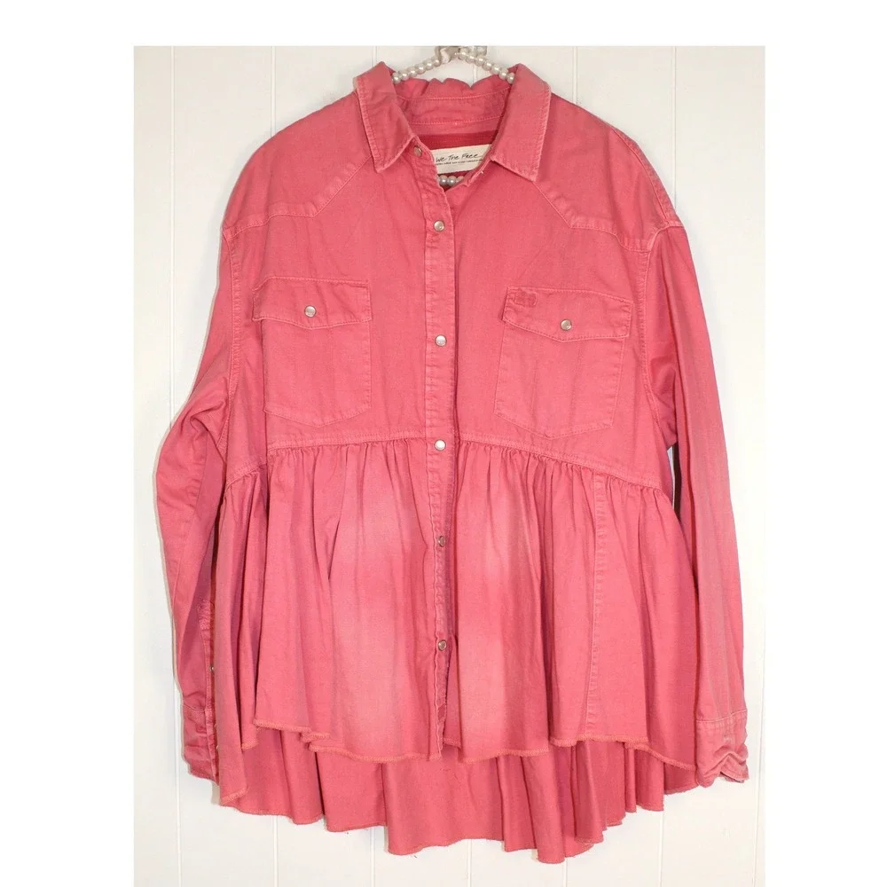 Free People NEW DYLAN Babydoll PINK‎ LOVE Snap button Top XL